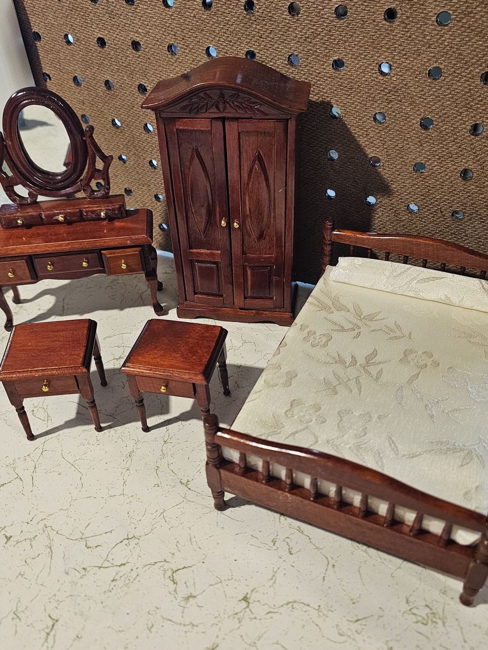Miniature Wooden Bedroom Set - Brown Dollhouse Furniture